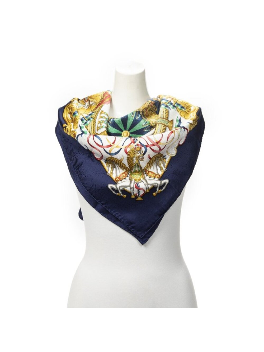 Hermes Scarf Navy White Gold 100% Jacquard Silk
